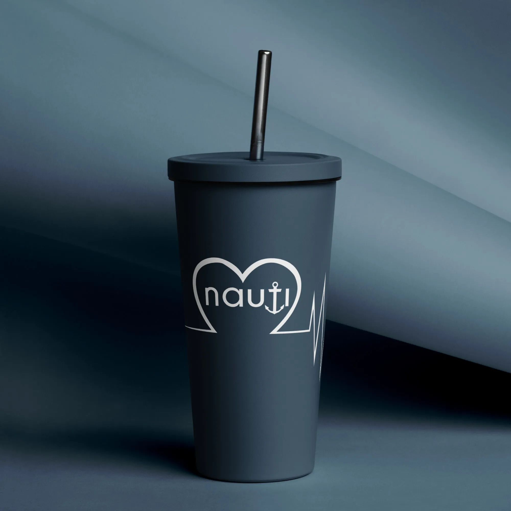20 oz. Insulated tumbler with a straw in navy with white NAUTI anchor heartbeat logo
