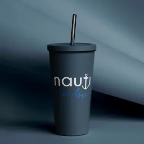 20 oz. Insulated tumbler with a straw in navy with white NAUTI anchor logo and blue love logo