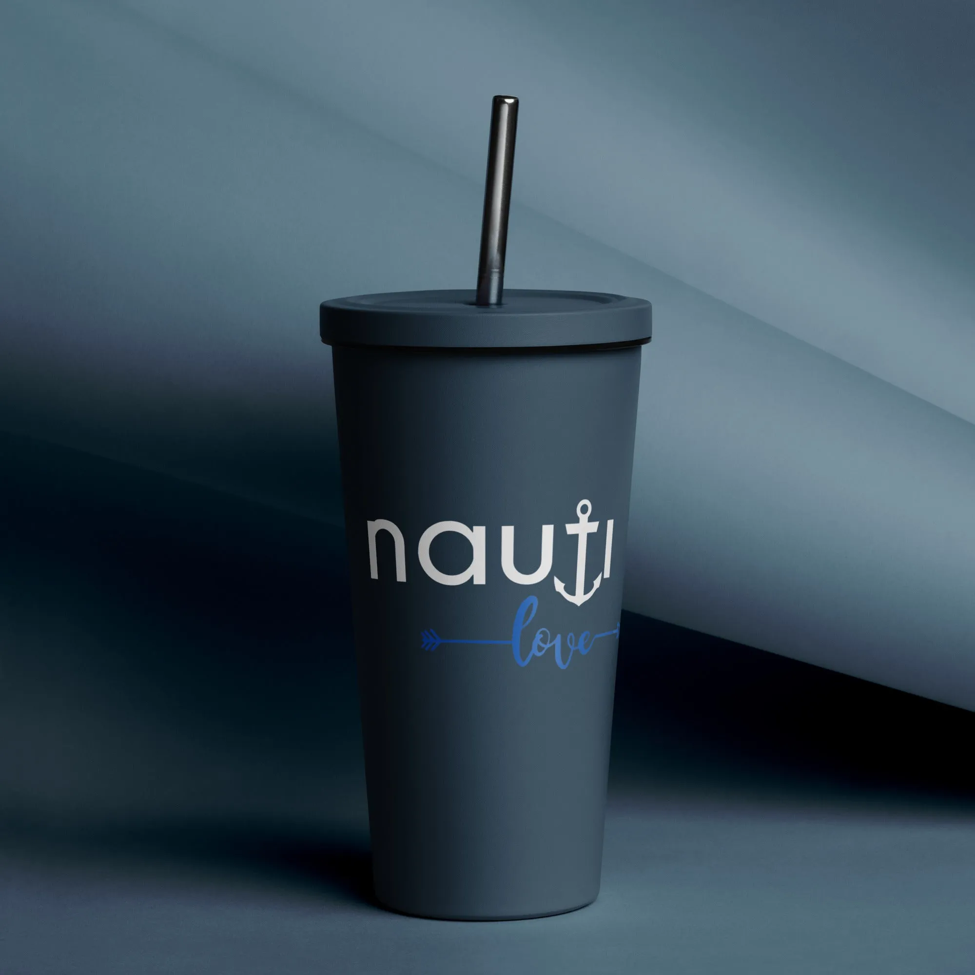 20 oz. Insulated tumbler with a straw in navy with white NAUTI anchor logo and blue love logo