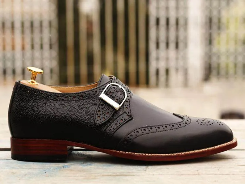 Awesome Handmade Men's Black Leather Wing Tip Brogue Monk Strap Shoes, Men Goodyear Welted Dress Formal Shoes