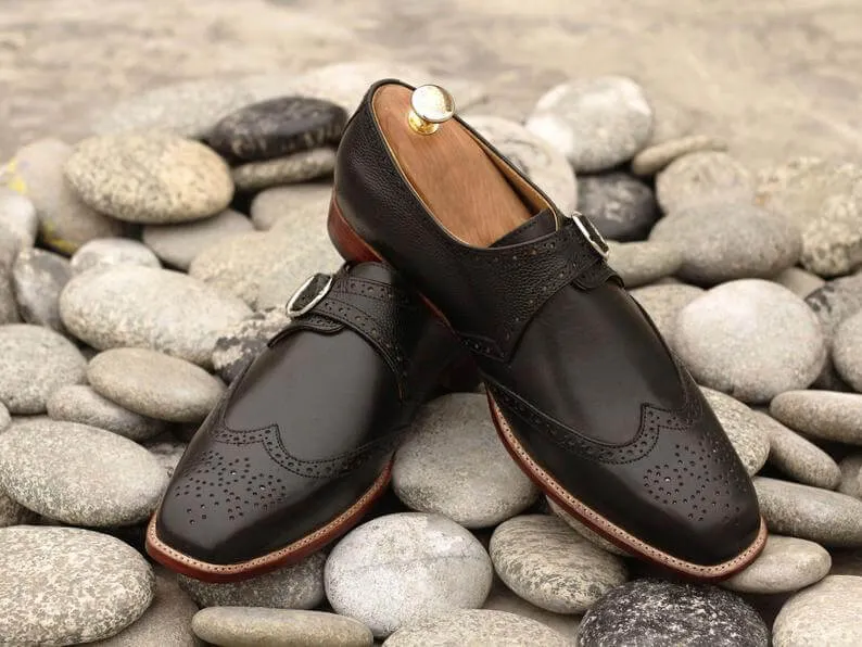 Awesome Handmade Men's Black Leather Wing Tip Brogue Monk Strap Shoes, Men Goodyear Welted Dress Formal Shoes