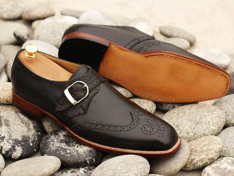 Awesome Handmade Men's Black Leather Wing Tip Brogue Monk Strap Shoes, Men Goodyear Welted Dress Formal Shoes