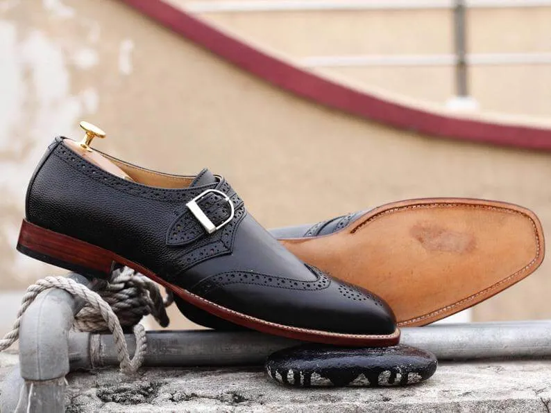 Awesome Handmade Men's Black Leather Wing Tip Brogue Monk Strap Shoes, Men Goodyear Welted Dress Formal Shoes