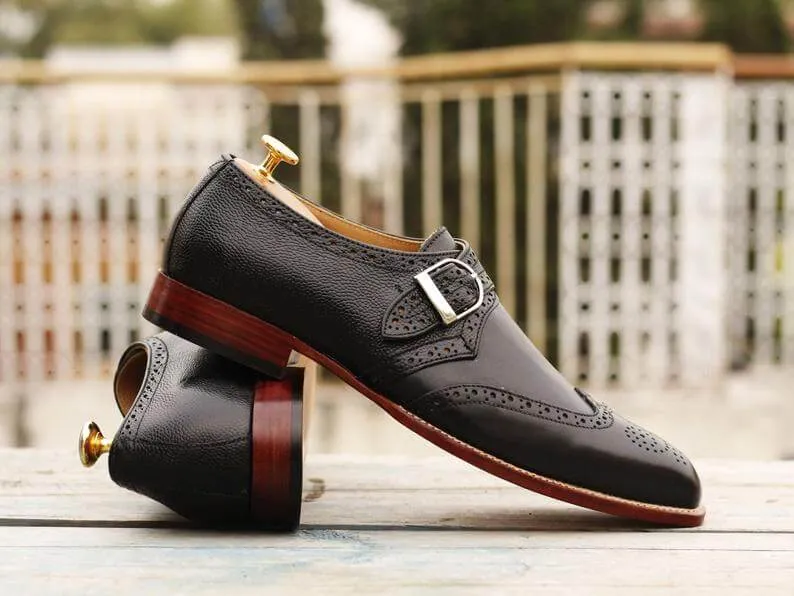 Awesome Handmade Men's Black Leather Wing Tip Brogue Monk Strap Shoes, Men Goodyear Welted Dress Formal Shoes