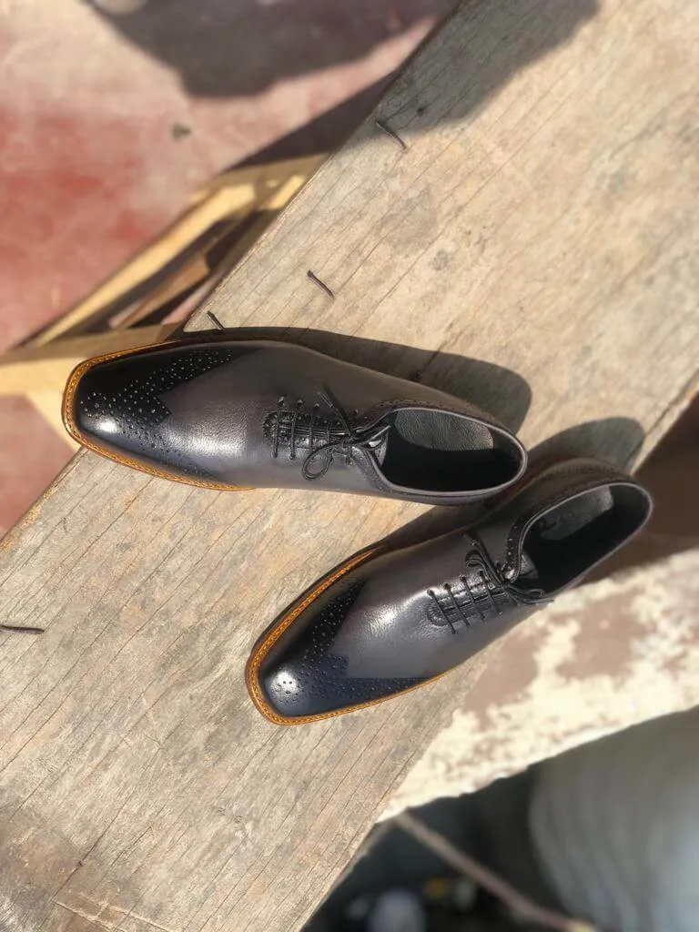 Beautiful Men's Handmade Gray & Black Leather Brogue Toe Lace Up Dress Shoes