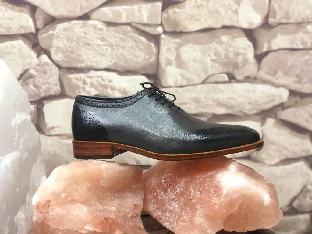 Beautiful Men's Handmade Gray & Black Leather Brogue Toe Lace Up Dress Shoes