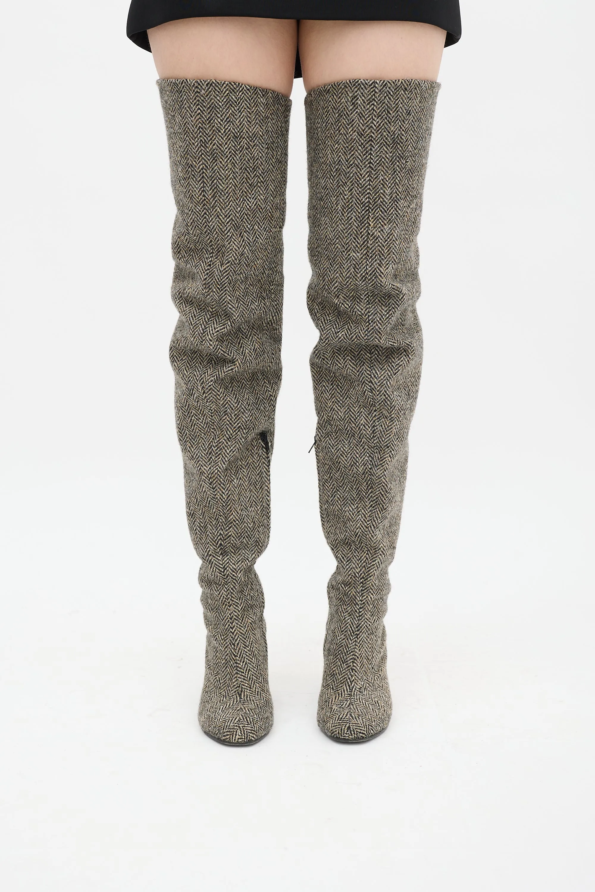 Beige & Black Wool Herringbone Boot