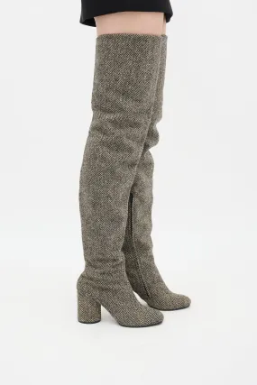 Beige & Black Wool Herringbone Boot