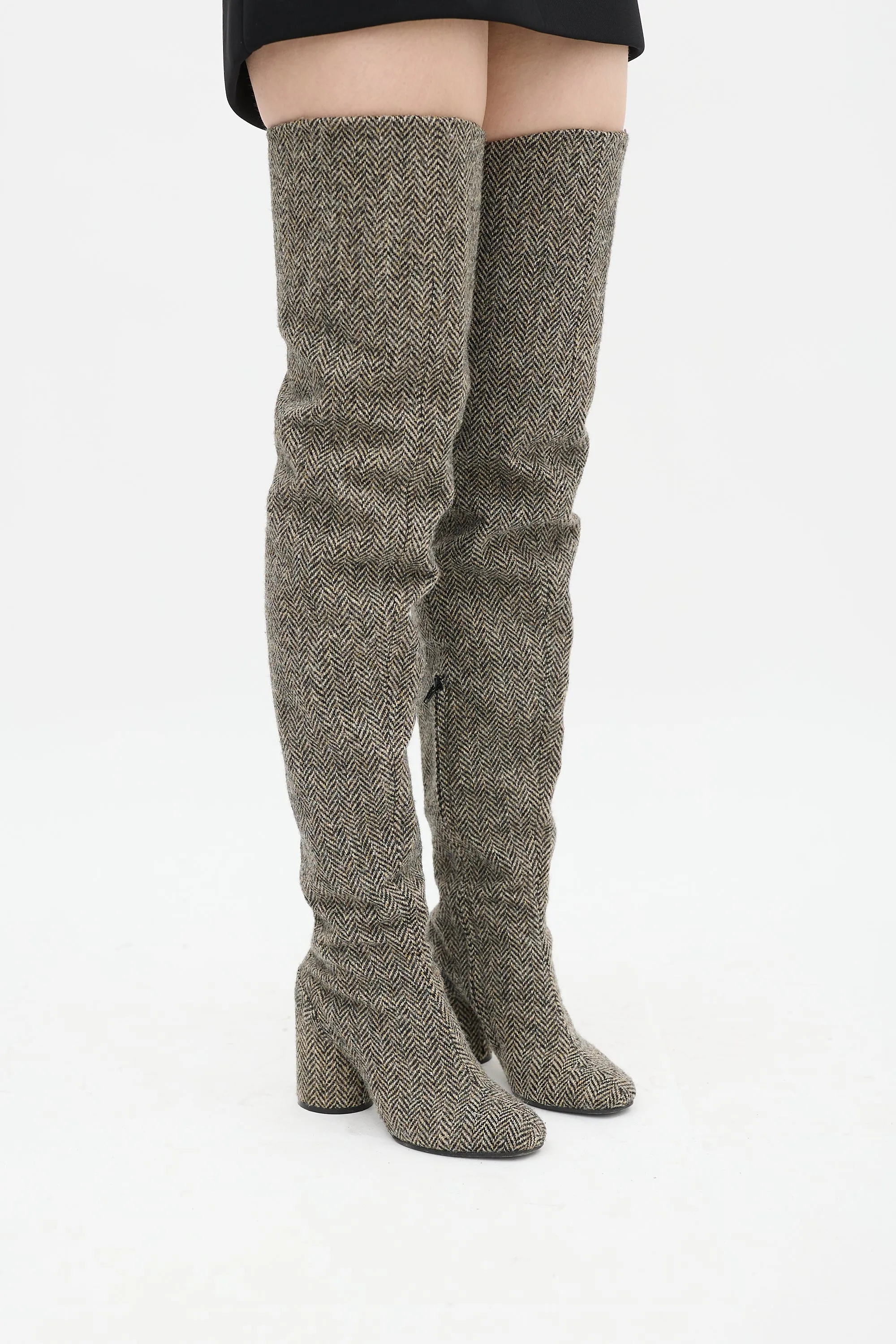 Beige & Black Wool Herringbone Boot