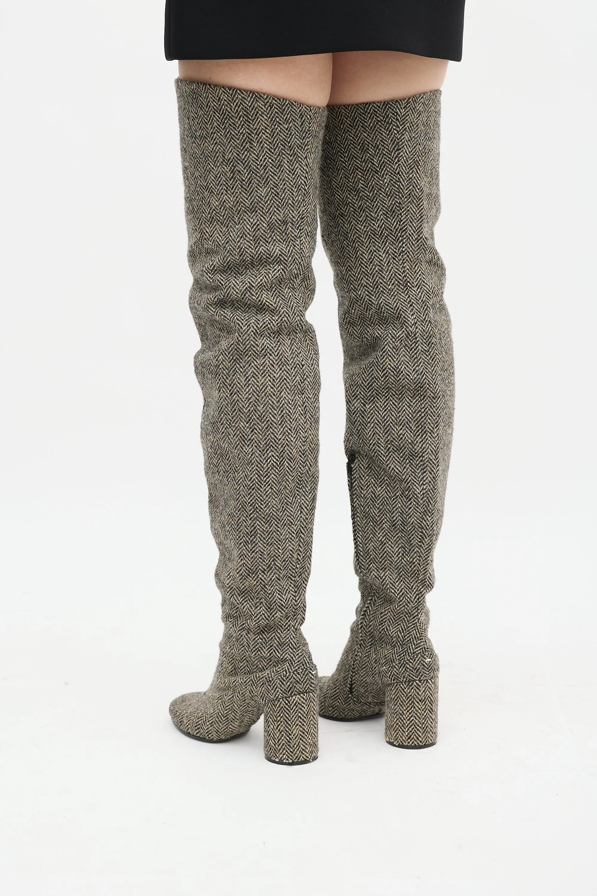 Beige & Black Wool Herringbone Boot