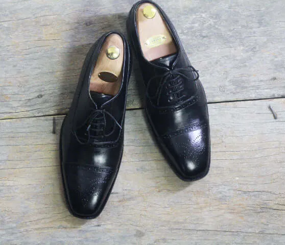 Handmade Men's Black Leather Cap Toe Brogue Lace Up Shoes, Men Dress Formal Shoes