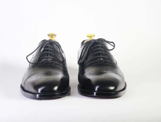 Handmade Men's Black Leather Cap Toe Brogue Lace Up Shoes, Men Dress Formal Shoes