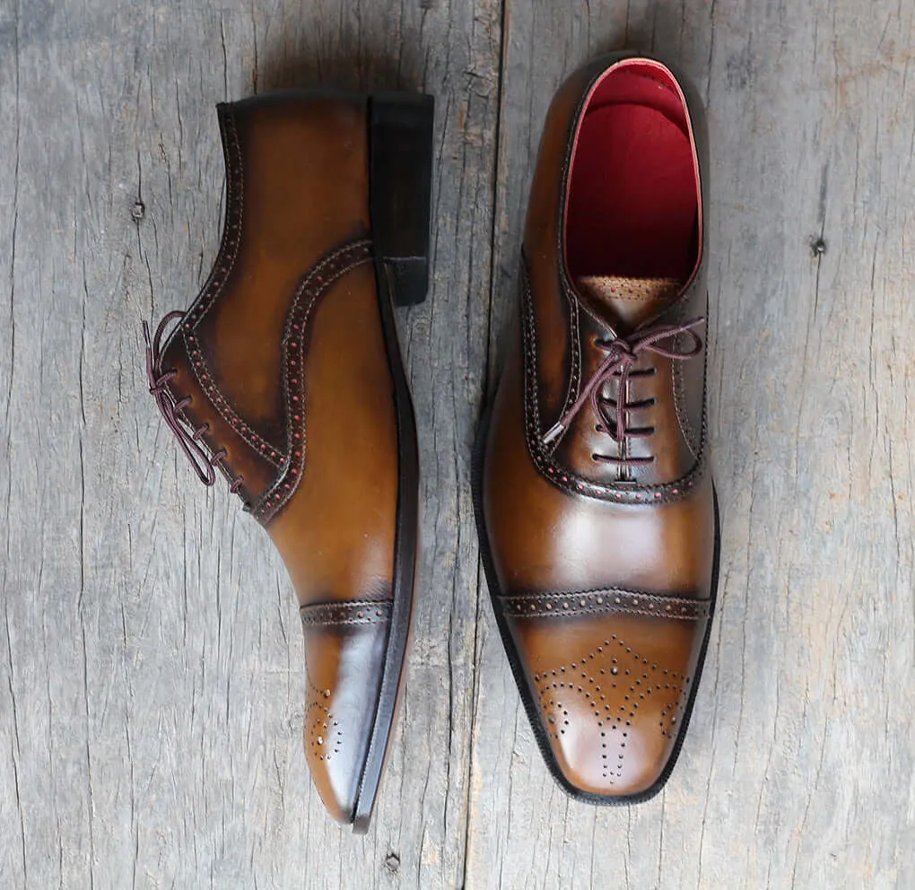 Handmade Men's Brown Cap Toe Brogue Leather Lace Up Shoes, Men Designer Dress Formal Luxury Shoes
