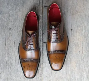 Handmade Men's Brown Cap Toe Brogue Leather Lace Up Shoes, Men Designer Dress Formal Luxury Shoes