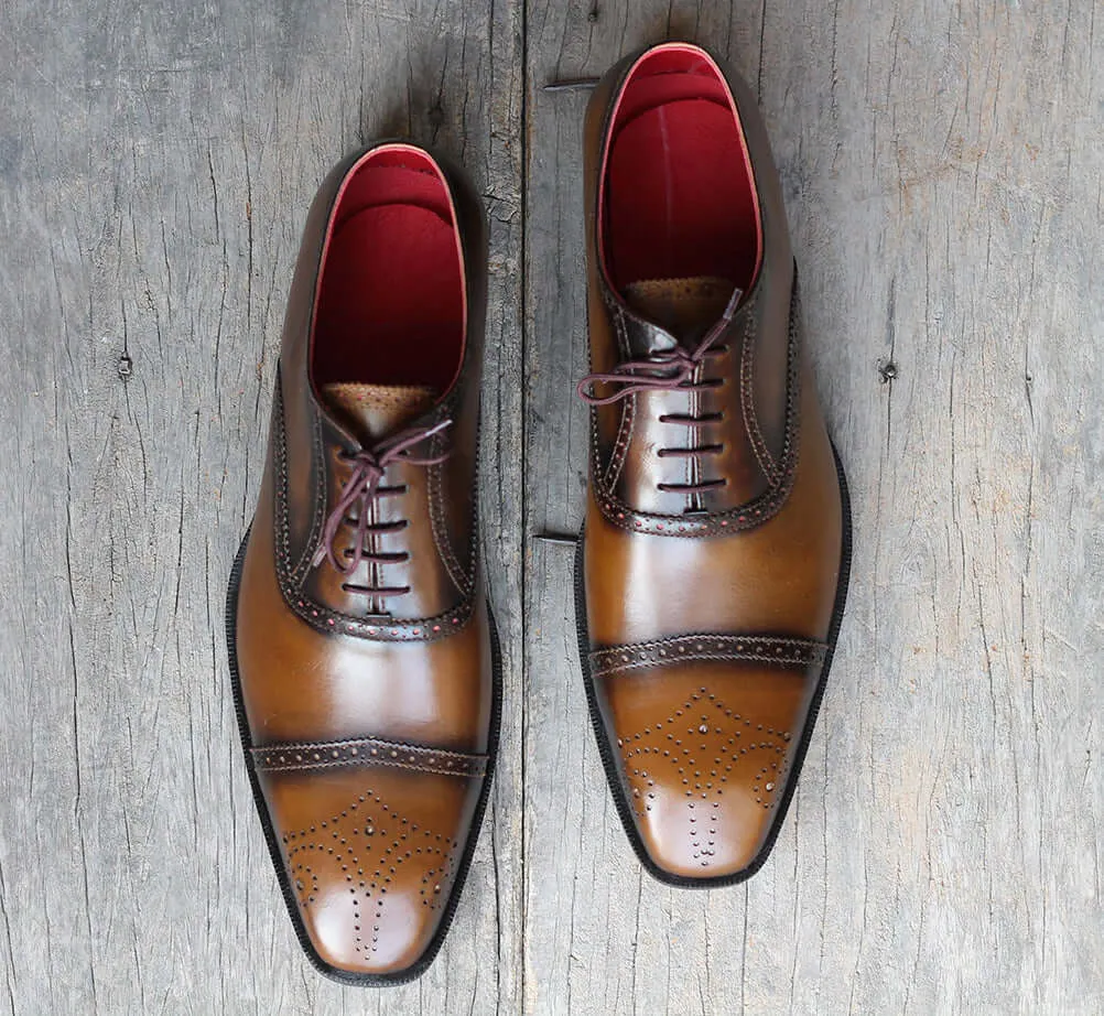 Handmade Men's Brown Cap Toe Brogue Leather Lace Up Shoes, Men Designer Dress Formal Luxury Shoes