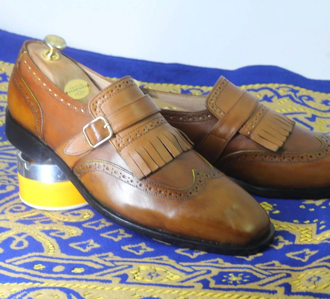 Handmade Men's Brown Fringe Monk Straps Leather Shoes, Men Wing Tip Dress Shoes
