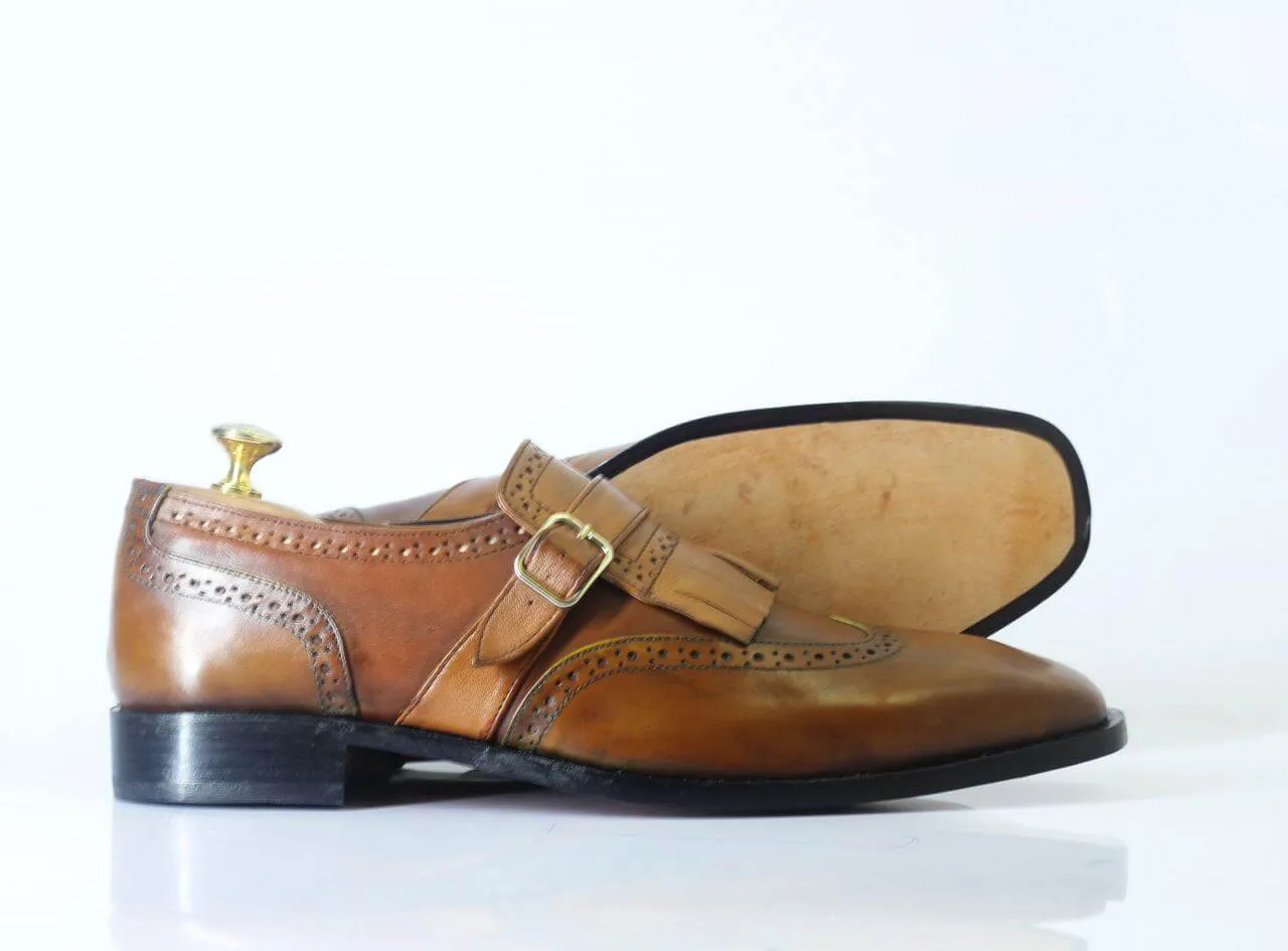 Handmade Men's Brown Fringe Monk Straps Leather Shoes, Men Wing Tip Dress Shoes