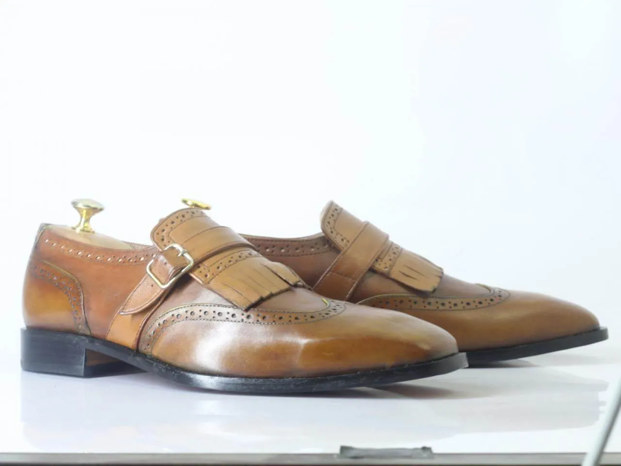 Handmade Men's Brown Fringe Monk Straps Leather Shoes, Men Wing Tip Dress Shoes