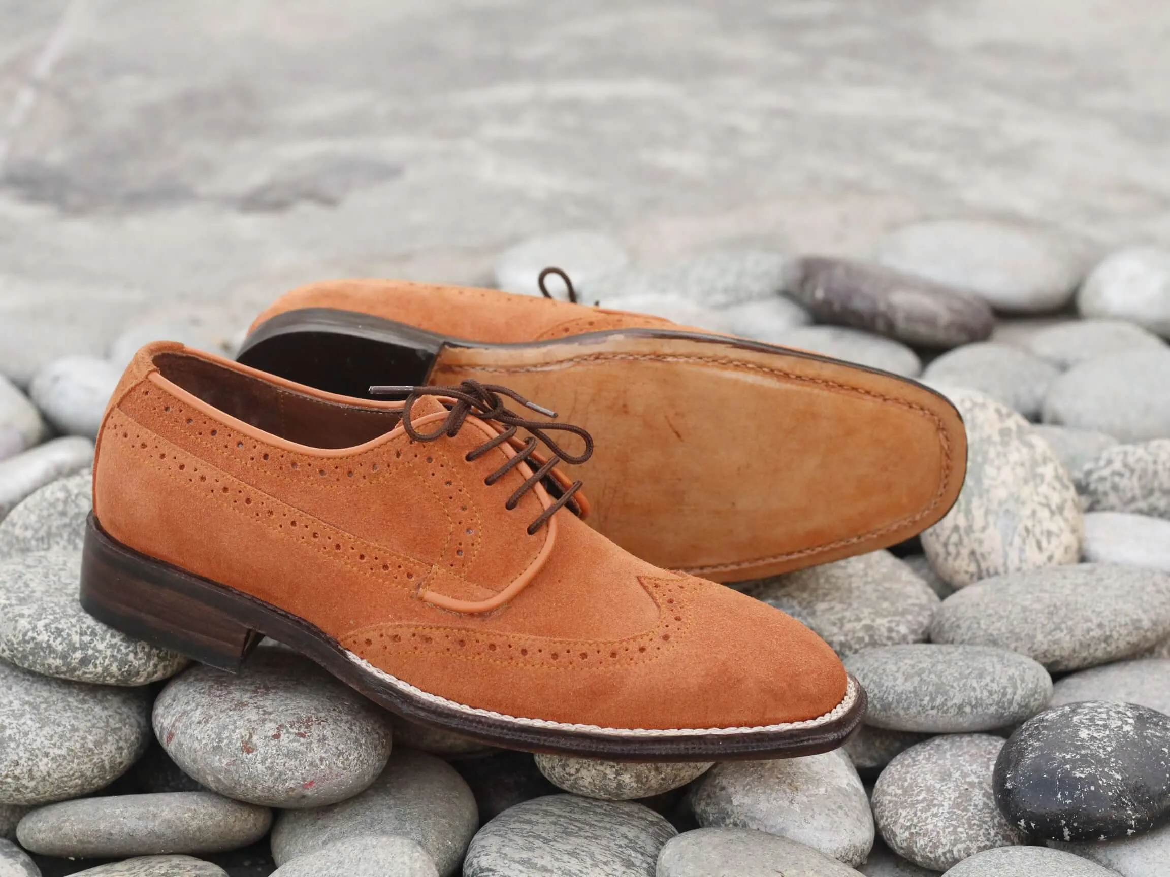 Handmade Men's Orange Color Suede Wing Tip Lace Up Shoes, Men Designer Dress Formal Luxury Shoes
