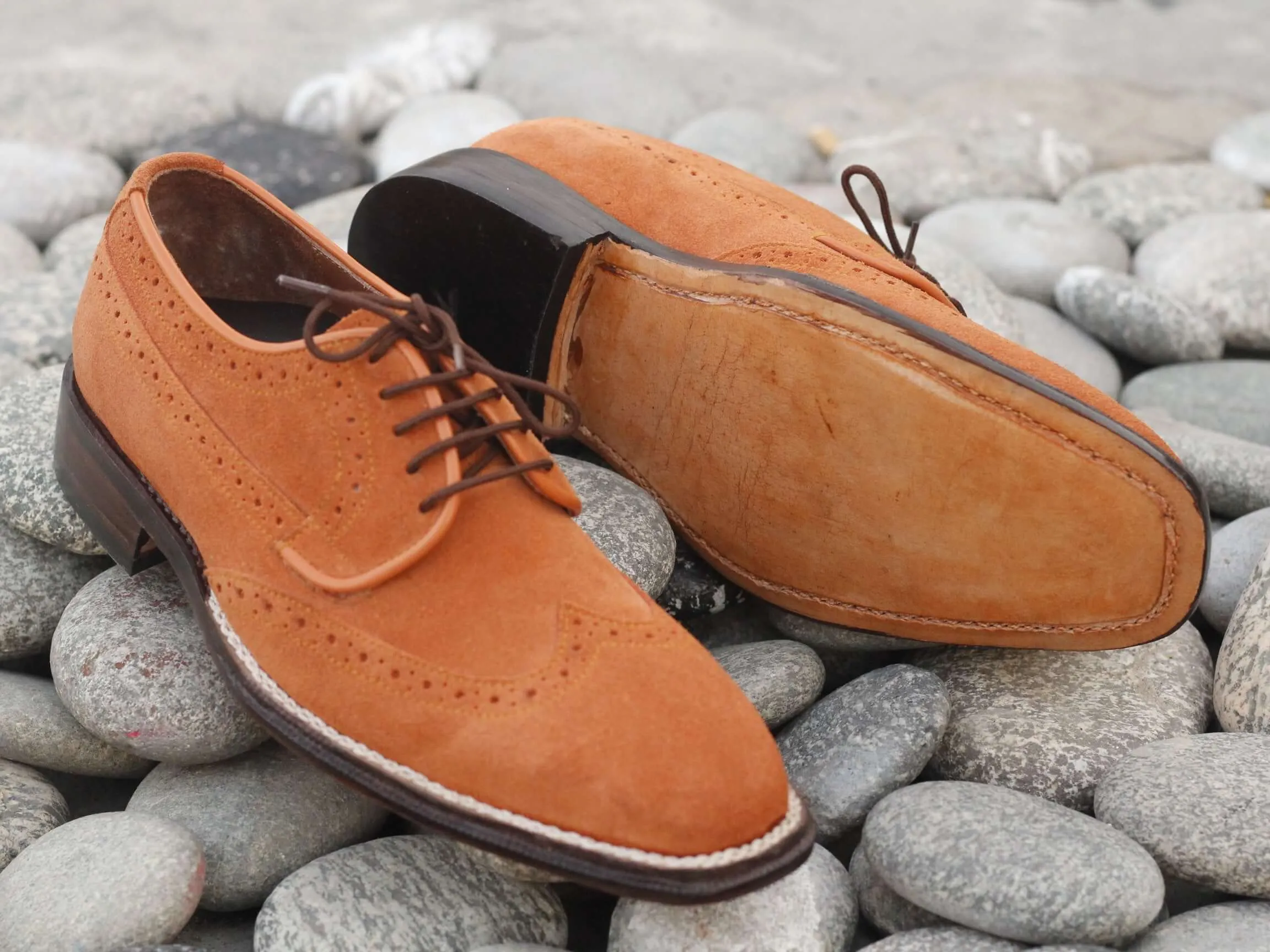Handmade Men's Orange Color Suede Wing Tip Lace Up Shoes, Men Designer Dress Formal Luxury Shoes