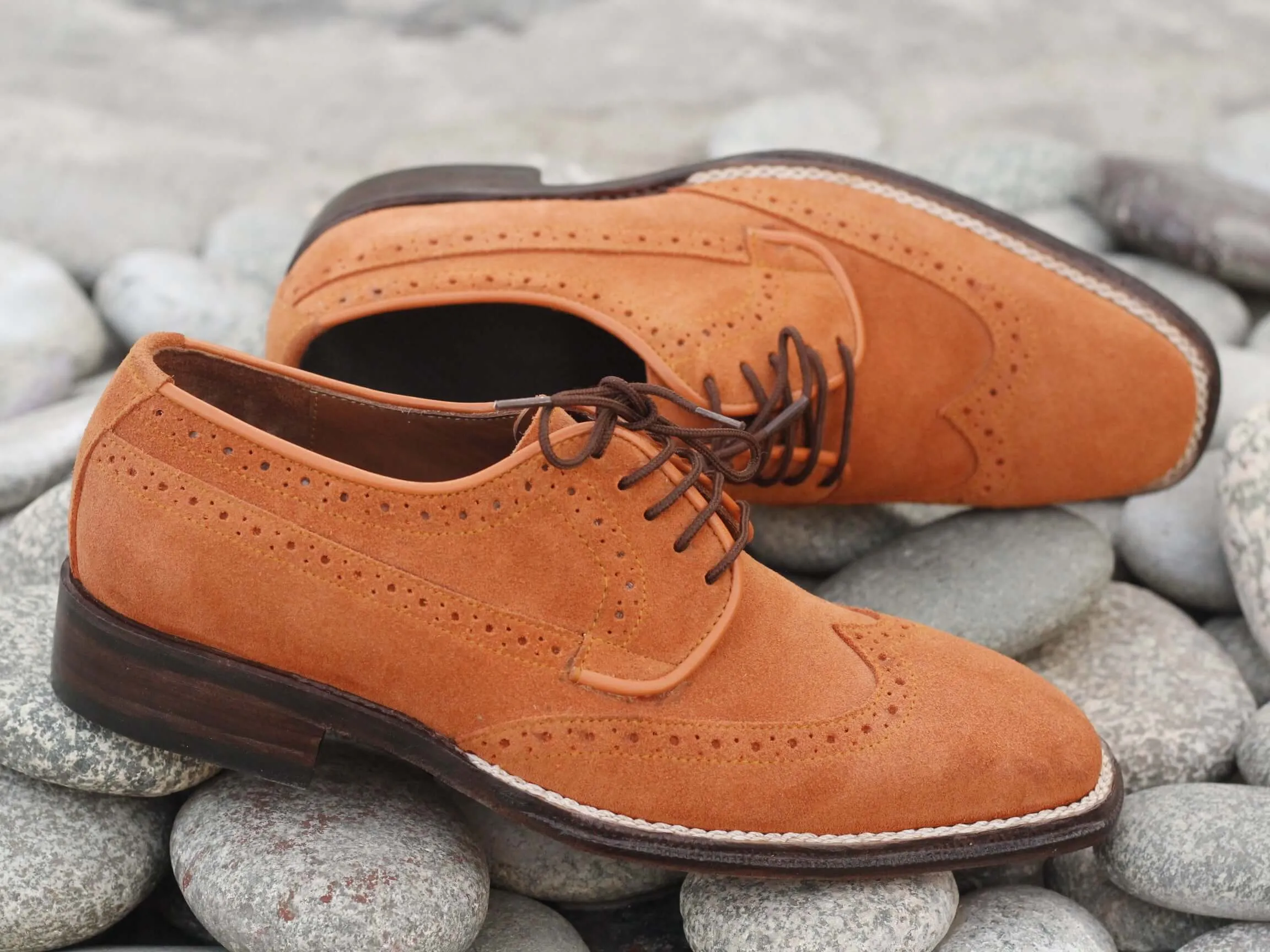 Handmade Men's Orange Color Suede Wing Tip Lace Up Shoes, Men Designer Dress Formal Luxury Shoes