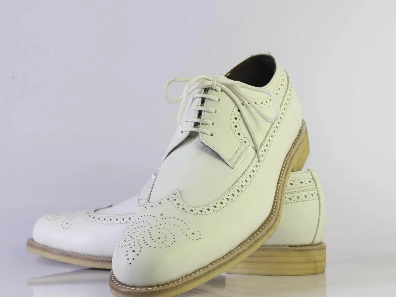 Handmade Men's Oxford White Leather Shoes, Men Wing Tip Brogue Dress Shoes