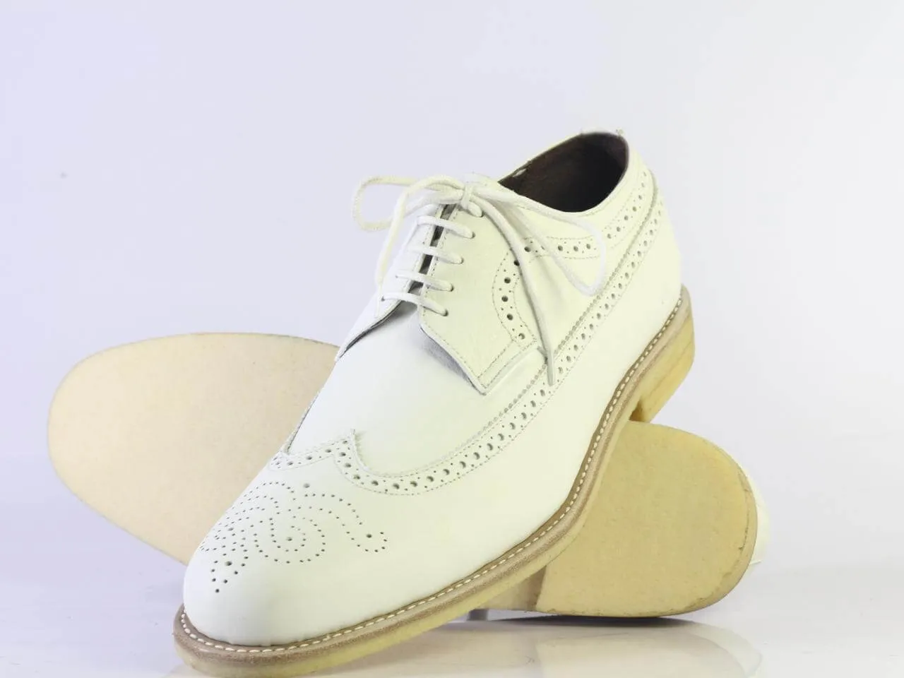 Handmade Men's Oxford White Leather Shoes, Men Wing Tip Brogue Dress Shoes