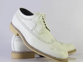Handmade Men's Oxford White Leather Shoes, Men Wing Tip Brogue Dress Shoes