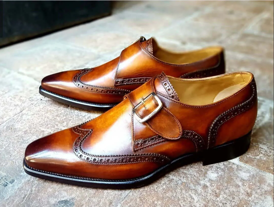 Handmade Men's Two Tone Tan Brown Leather Wing Tip Monk Strap Shoes, Men Designer Dress Formal Luxury Shoes