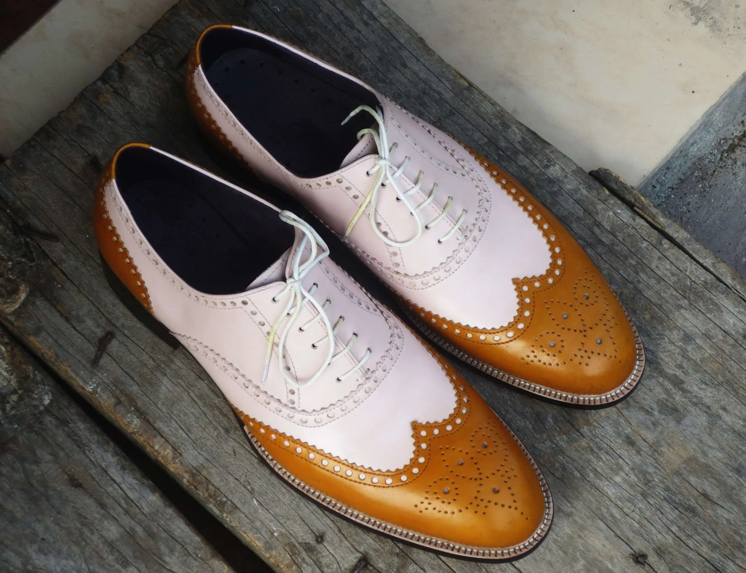 Handmade Men's White Tan Leather Wing Tip Brogue Shoes, Men Designer Shoes