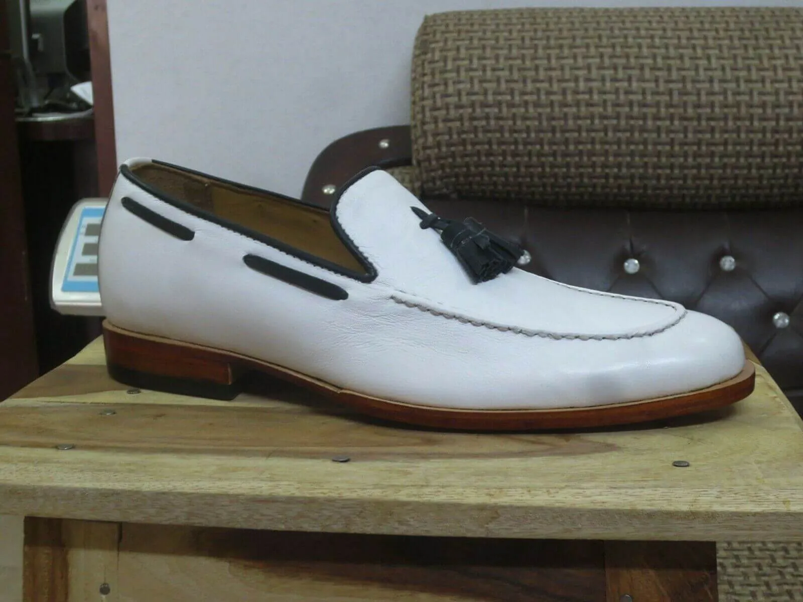 Handmade white Moccasin Shoes, Men's Slip On Tussle Formal Dress Leather Shoes