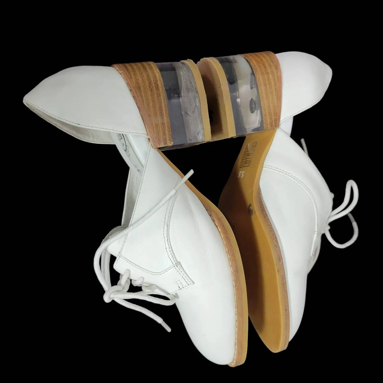 Jeffrey Campbell Oxfords White Leather Shoes Lace Up Clear Heel Cutouts Size 5.5