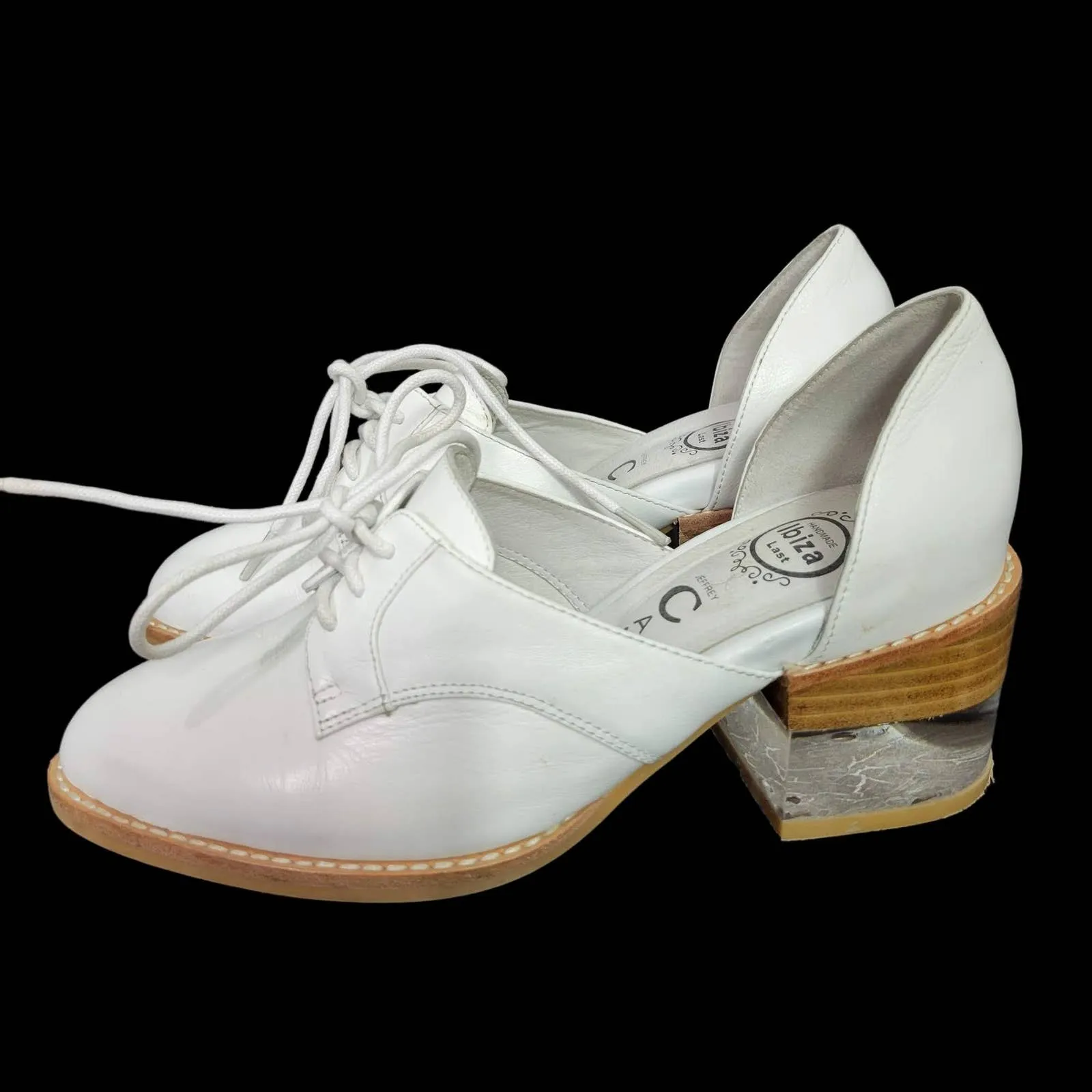 Jeffrey Campbell Oxfords White Leather Shoes Lace Up Clear Heel Cutouts Size 5.5