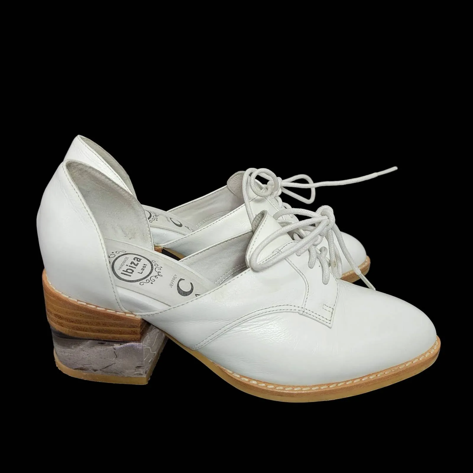 Jeffrey Campbell Oxfords White Leather Shoes Lace Up Clear Heel Cutouts Size 5.5