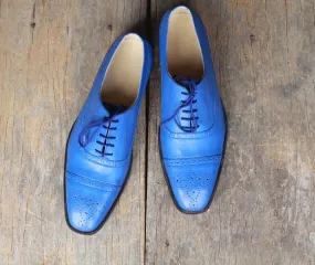 Men’s Handmade Blue Color Leather Shoes, Men Cap Toe Brogue Dress Formal Shoes