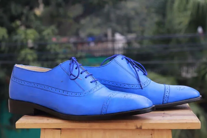 Men’s Handmade Blue Color Leather Shoes, Men Cap Toe Brogue Dress Formal Shoes