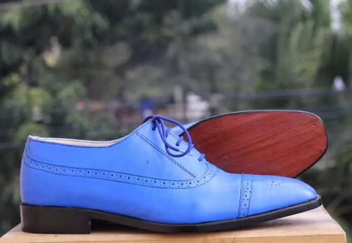 Men’s Handmade Blue Color Leather Shoes, Men Cap Toe Brogue Dress Formal Shoes