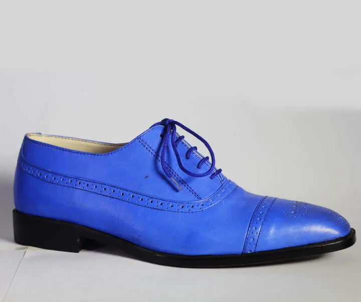 Men’s Handmade Blue Color Leather Shoes, Men Cap Toe Brogue Dress Formal Shoes