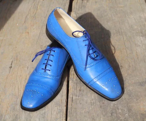 Men’s Handmade Blue Color Leather Shoes, Men Cap Toe Brogue Dress Formal Shoes