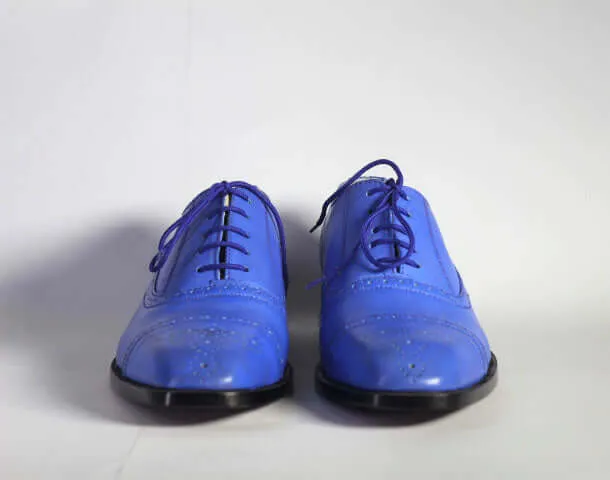 Men’s Handmade Blue Color Leather Shoes, Men Cap Toe Brogue Dress Formal Shoes
