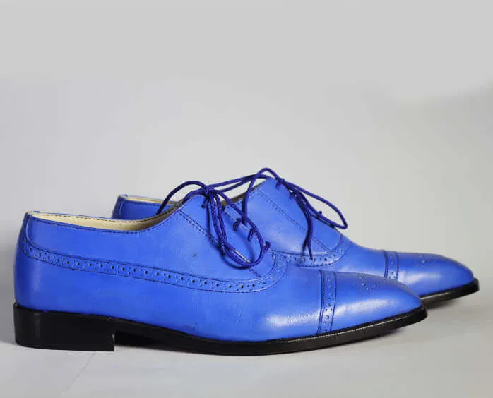 Men’s Handmade Blue Color Leather Shoes, Men Cap Toe Brogue Dress Formal Shoes