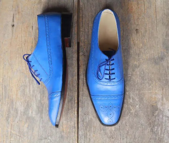 Men’s Handmade Blue Color Leather Shoes, Men Cap Toe Brogue Dress Formal Shoes