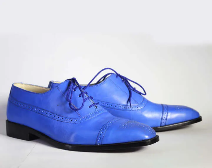 Men’s Handmade Blue Color Leather Shoes, Men Cap Toe Brogue Dress Formal Shoes