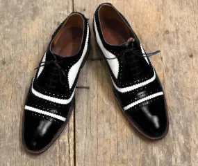 Men's Handmade White Black Cap Toe Leather Lace Up Shoes, Men Formal Dress Shoes