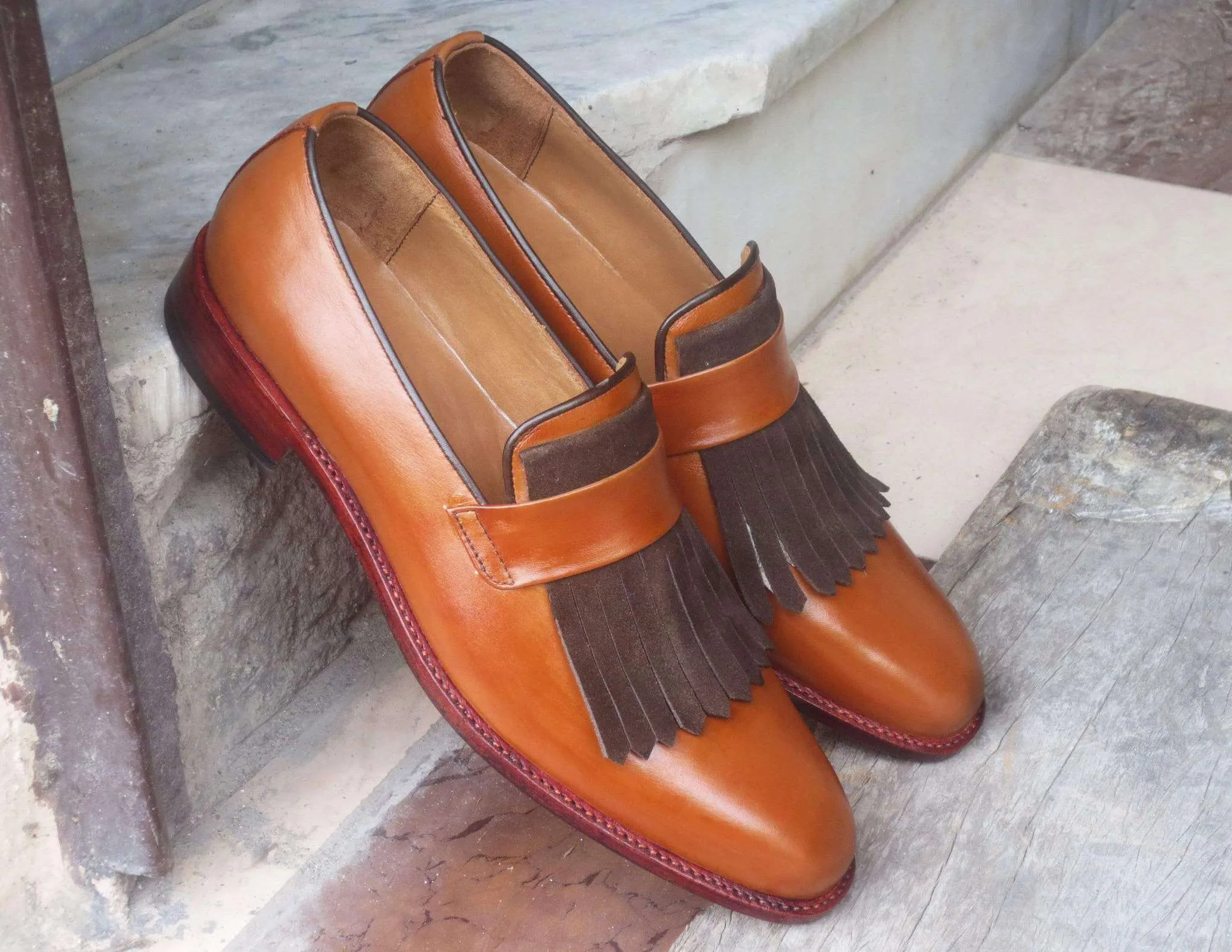 New Handmade Men's Brown Leather Suede Fringes Loafer, Men Dress Formal Shoes
