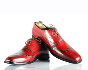 New Handmade Men's Burgundy Leather Wing Tip Lace Up Shoes, Men Dress Formal Shoes