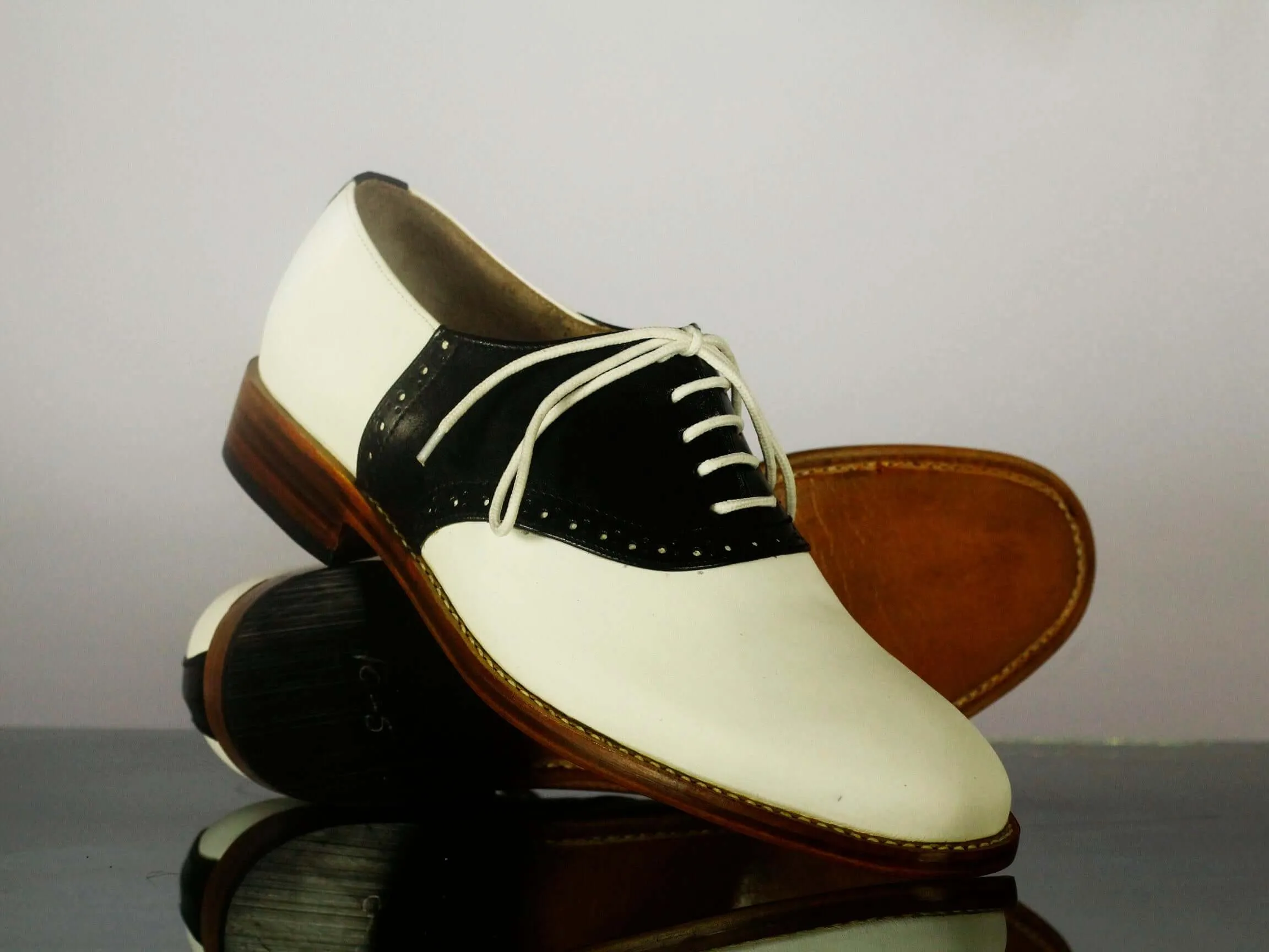 New Handmade Men's Two Tone Black & White Leather Lace Up Shoes, Men Designer Dress Shoes