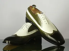 New Stylish Handmade Men's White Green Wing Tip Leather Shoes, Men Designer Dress Shoes